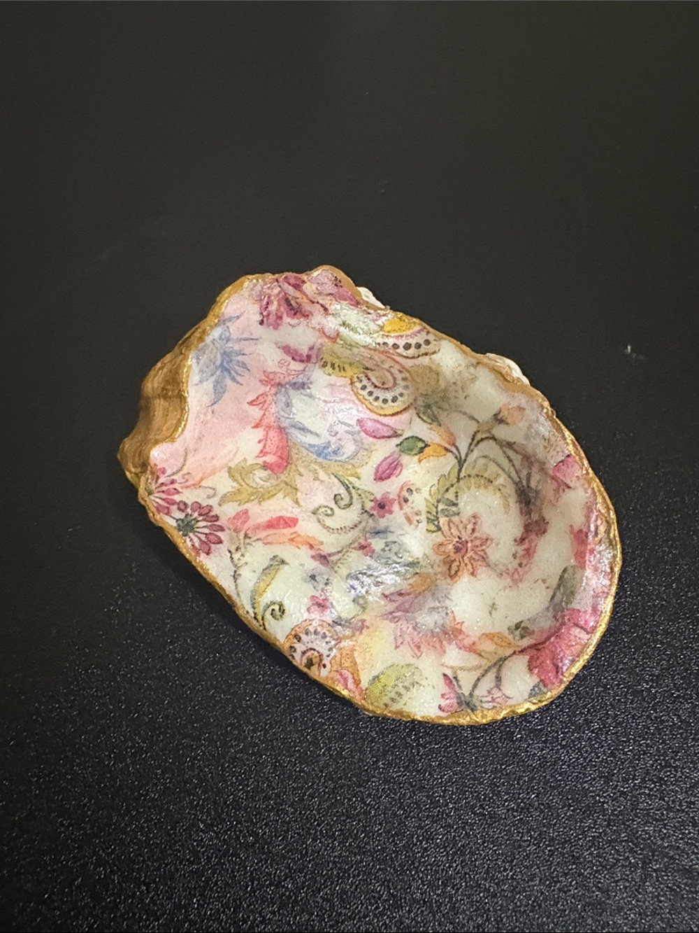 Decorative Floral Shell Dish Jewelry Dish - Paisley Pink & Gold Trim